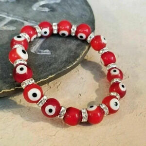 Turkish Evil Eye Stretch Bracelet Red White Back